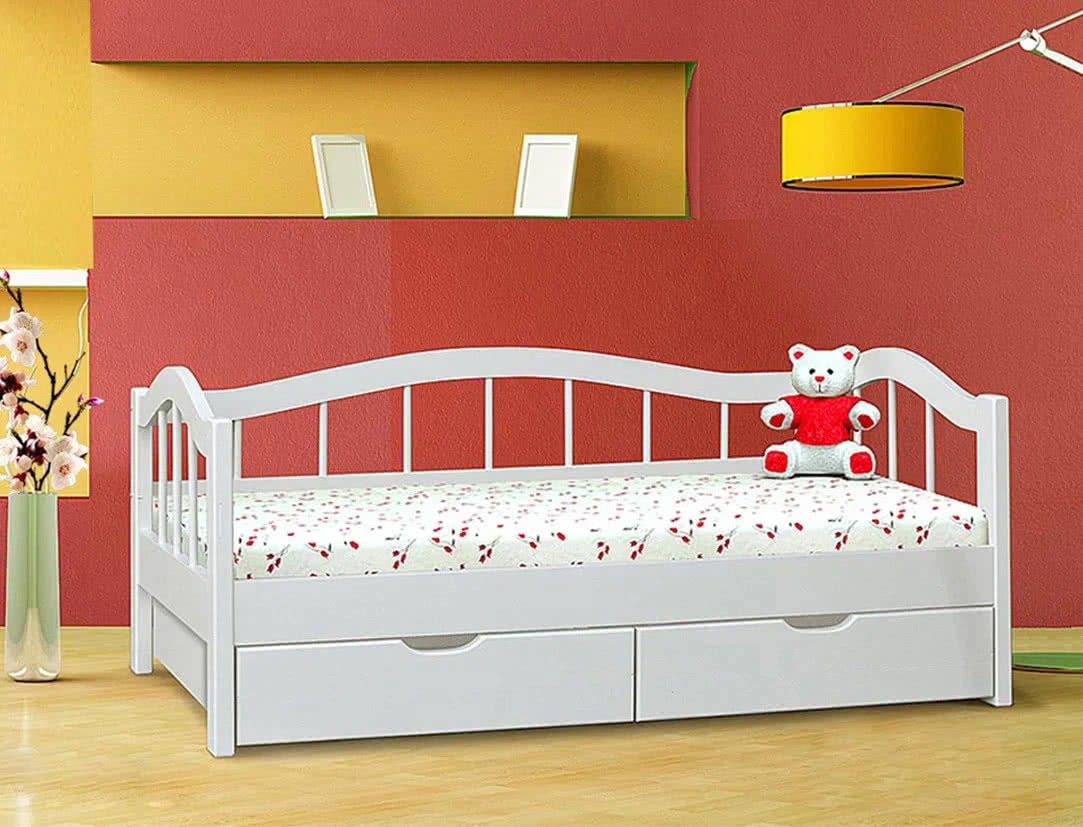 Детская кровать с бортиком белая с ящиками