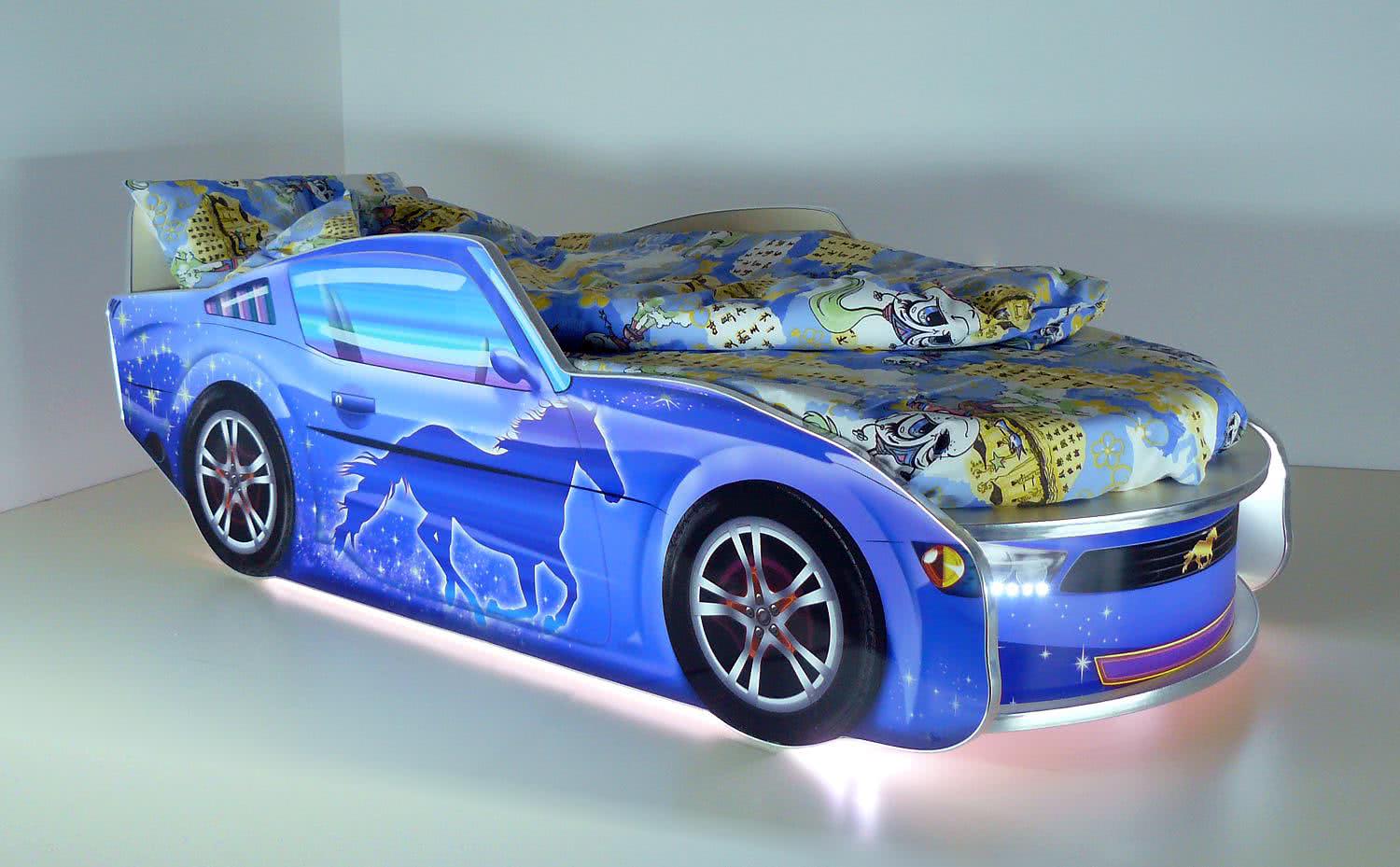 Кровать-машинка Мустанг Премиум с матрасом и подсветкой синий