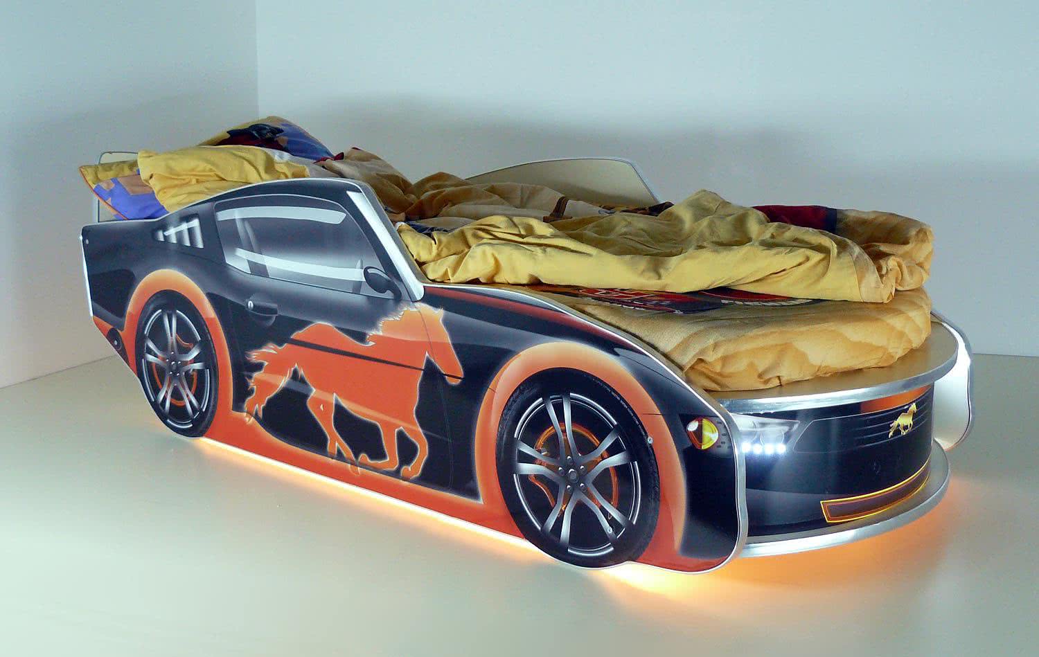 Кровать-машинка Мустанг Премиум с матрасом и подсветкой черный