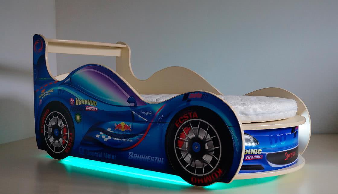 Купить Кровать-машинка Спорт Кар Премиум с матрасом и подсветкой, синий синий недорого в интернет-магазине