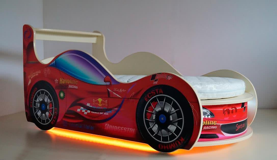 Кровать-машинка Спорт Кар Премиум с матрасом и подсветкой красный цена — лучшие модели в каталоге
