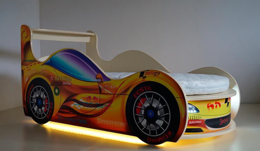 Кровать-машинка Спорт Кар Премиум с матрасом и подсветкой желтый от производителя — цены фабрики, доставка