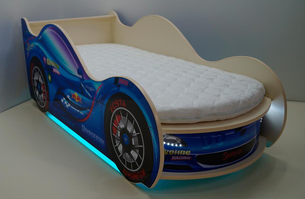 Кровать-машинка Спорт Кар-2 Премиум с матрасом и подсветкой синий от производителя — цены фабрики, доставка